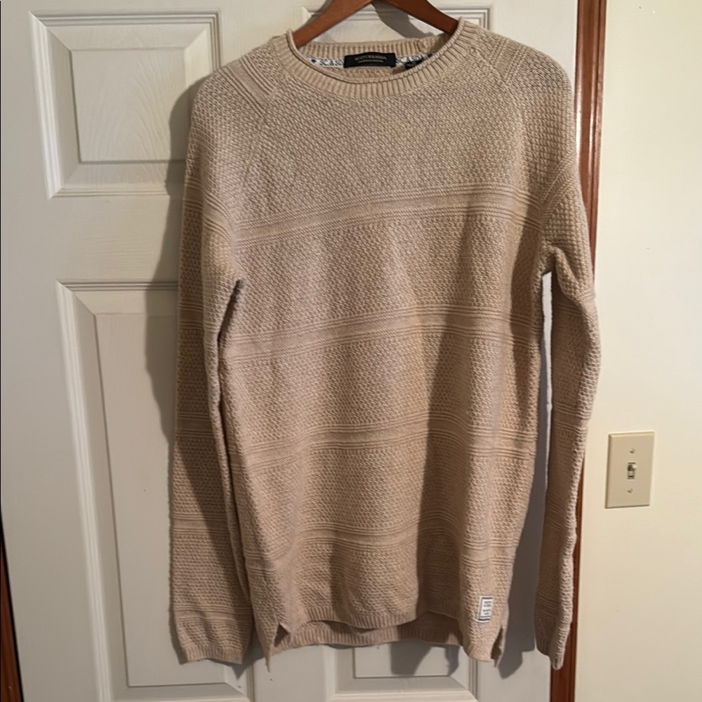 Scotch & Soda Tan Crewneck Sweater with Soft Texture and Ribbed Pattern